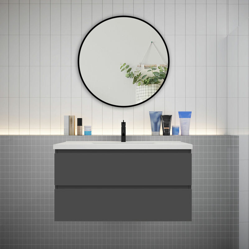 Biubiubath - Meuble Anthracite simple vasque l.99 x W.46 x H.52 cm,lavabo + miroir rond-suspendu