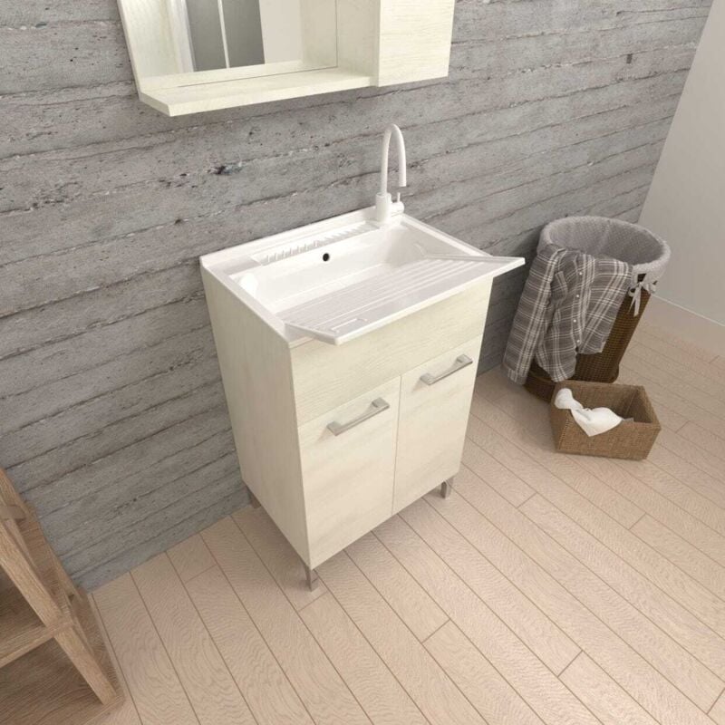 Kiamami Valentina - Meuble Buanderie Avec Lavoir 60Cm Avec Portes En Chêne Blanc Pratico