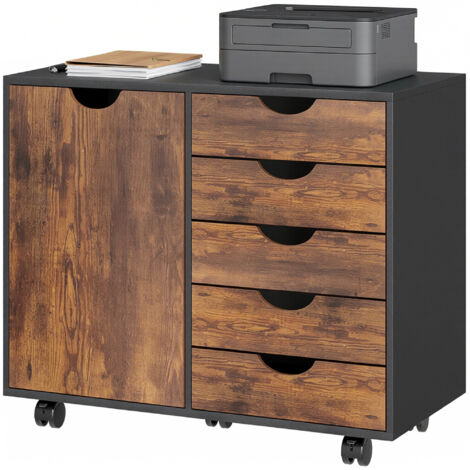 Meuble bureau 5 tiroirs 1 porte étagère réglable, support imprimante sur roulettes, 78x40x66,5 cm, chêne
