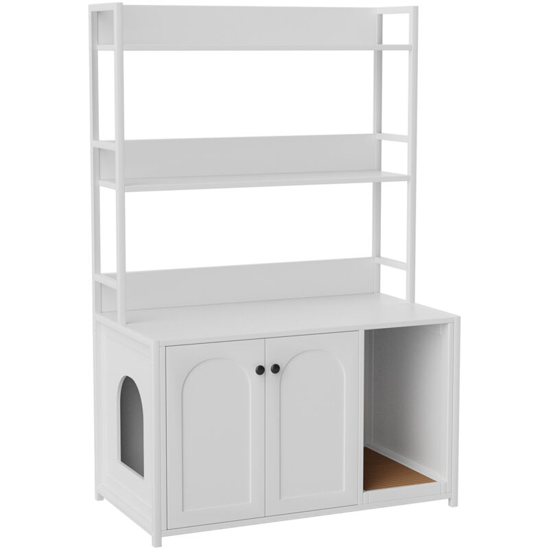 Hoerfuriy - Meuble Cache Bac à Litière pour Chat, 90x45x132 cm, Maison de Toilette pour Chat avec 2 Étagères de Rangement, Armoire en Bois pour