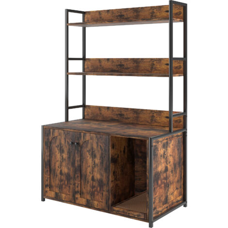 Meuble Cache Bac à Litière pour Chat, 90x45x132 cm, Maison de Toilette pour Chat avec 2 Étagères de Rangement, Armoire en Bois pour Cacher la Plupart des Bacs à Litière pour Chats, Marron Foncé