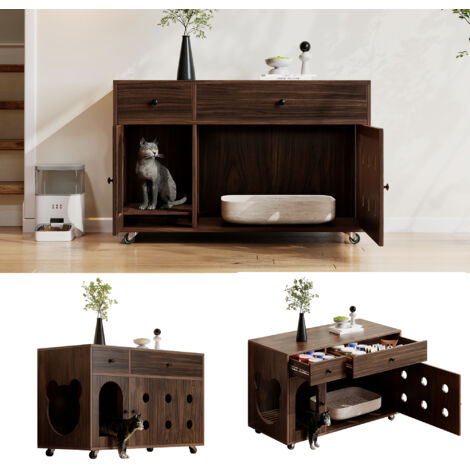 Meuble cache-litière chat 2 tiroirs, bac récupérateur amovible, MDF noyer, 100x45x66 cm
