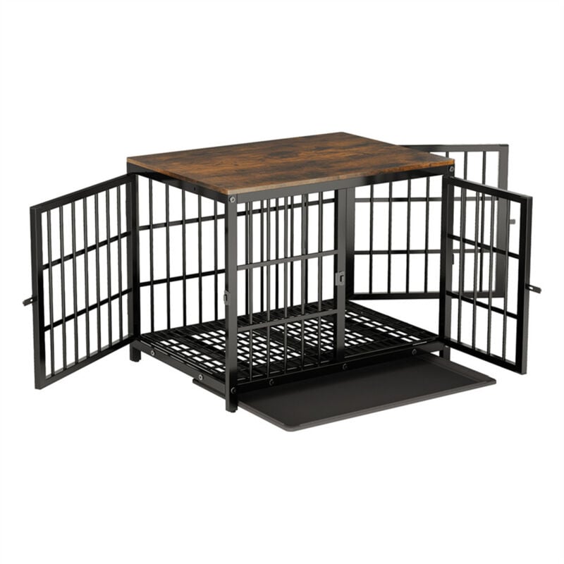 Meuble Cage Chien XXL Intérieur Bois 90x62x68.5cm avec Diviseur Amovible pour Gros Chien avec 3 Porte et Plateau Amovible