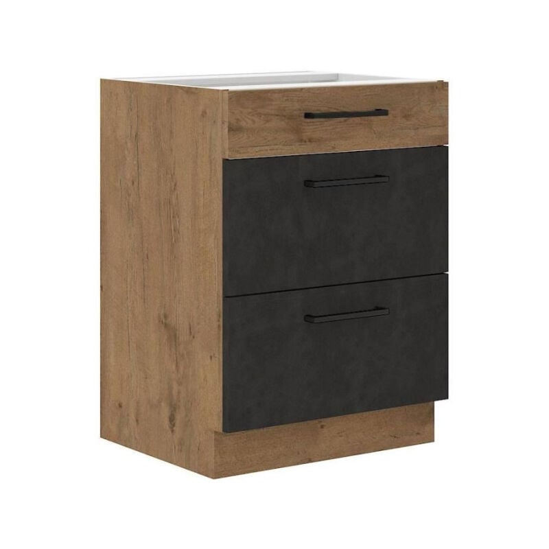 Meuble casserolier rock - Mélaminé décor chene lancelot et gris matera - 3 tiroirs - L60 x H82 cm