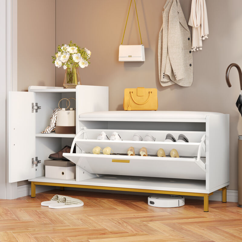 Meuble chaussure entrée, Meuble à chaussures avec 2 portes , coussins et meuble de rangement, 100x38x68 cm, blanc