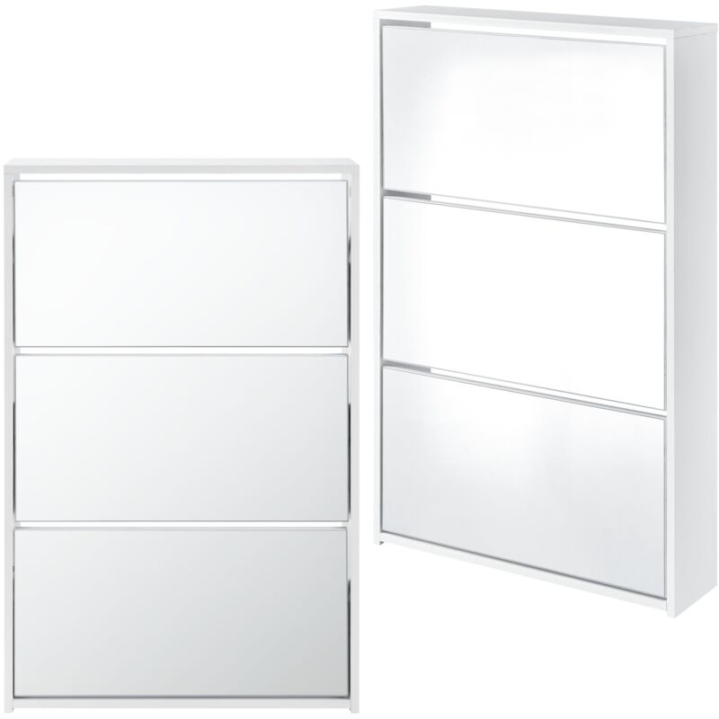 Meuble à chaussure rangement porte-chaussures pour 9 paires de chaussures 3 surfaces de stockages mdf miroir 102,5 x 63 x 17cm blanc