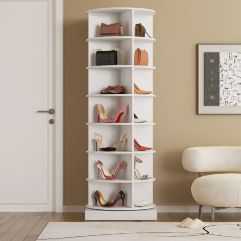 Meuble chaussure rotative 360° 7 niveaux, capacité 28 paires, MDF/panneaux, 60×60×165cm, blanc