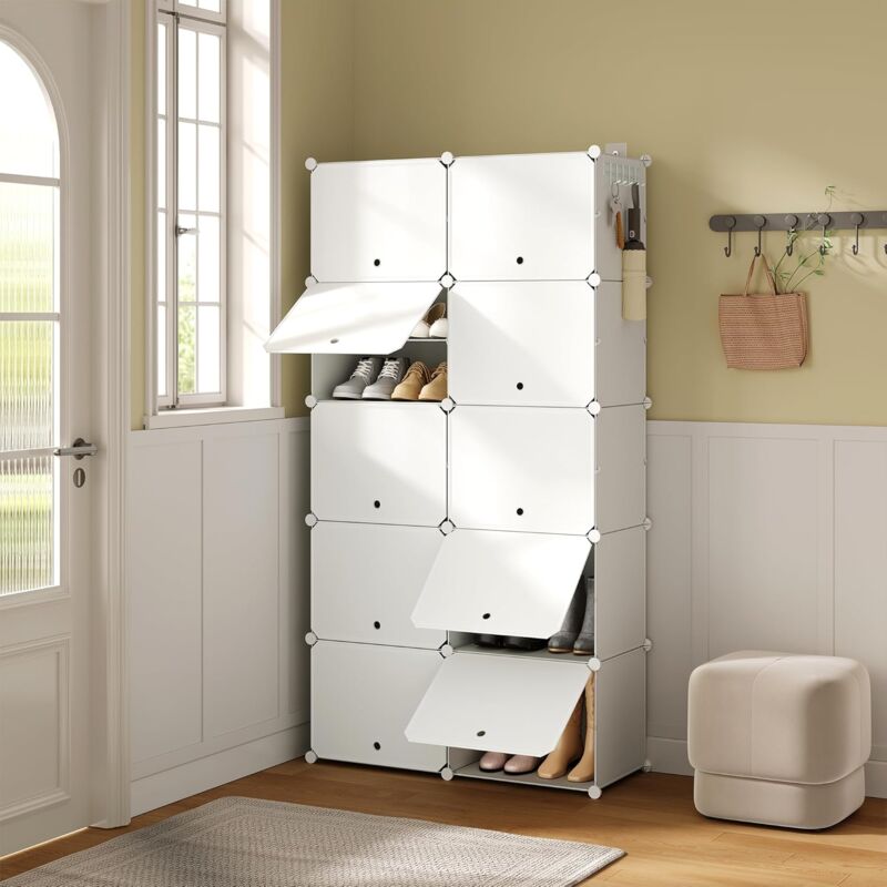 Woltu - Meuble Chaussure pour 40 Paires, Boîte à Chaussures Empilable avec Portes, 10 Compartiments, en Plastique, Blanc