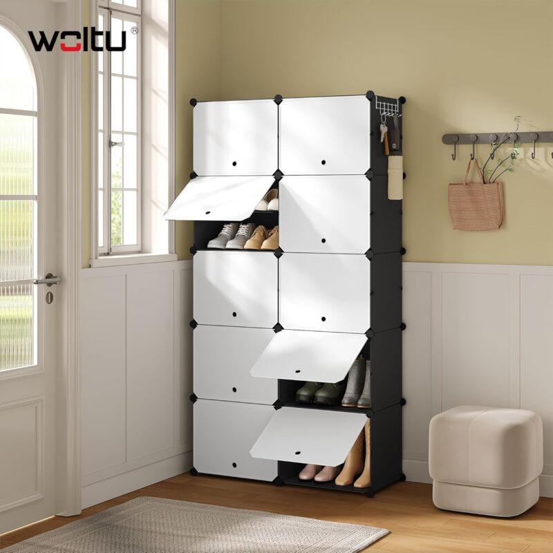 Woltu - Meuble Chaussure pour 40 Paires, Boîte à Chaussures Empilable avec Portes, 10 Compartiments, en Plastique, Blanc+Noir