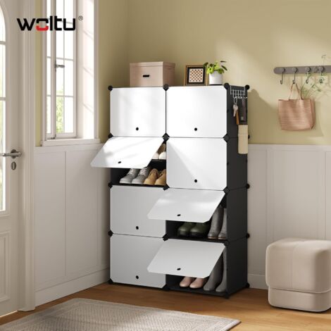 Meuble Chaussure WOLTU, pour 32 Paires, Boîte à Chaussures Empilable avec Portes, 8 Compartiments, en Plastique, Blanc+Noir