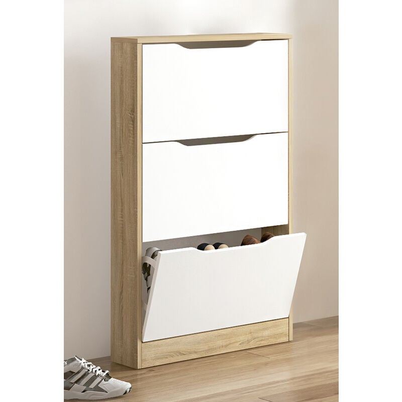 Pegane - Meuble à chaussures 3 portes coloris Chêne cambrian/blanc - Longueur 60 x profondeur 17 x hauteur 108,1 cm