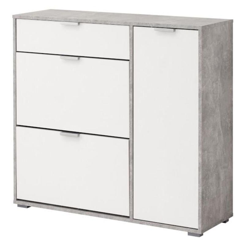 Vente-unique - Meuble à chaussures arietta - 2 compartiments abattants, 1 porte & 1 tiroir - Coloris Blanc & béton