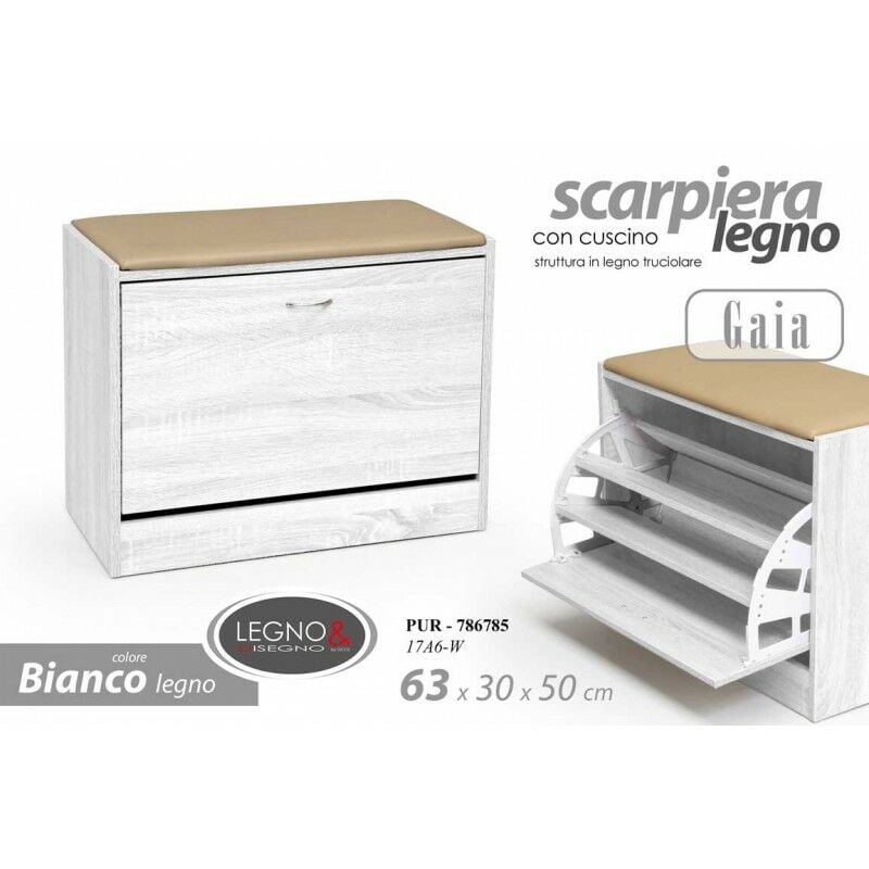 Meuble à chaussures avec porte abattant coussin blanc pour entrée débarras 63 x 30 x 50 h