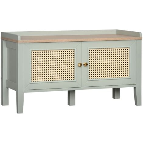 Meuble chaussures banc à chaussures 2 en 1 style bohème chic 2 portes étagère réglable - MDF vert d'eau aspect chêne clair rotin