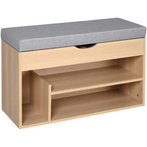 Meuble chaussures banc à chaussures 2 niveaux rangement, niche + coffre intégré avec coussin beige gris