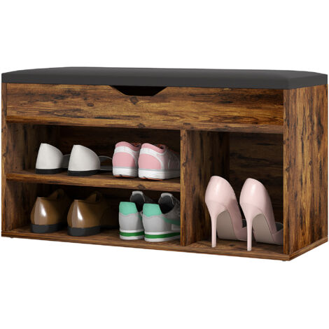Meuble Chaussures Banc à Chaussures 2 Niveaux Rangement, Niche + Coffre intégré avec Coussin Effet bois d'acajou
