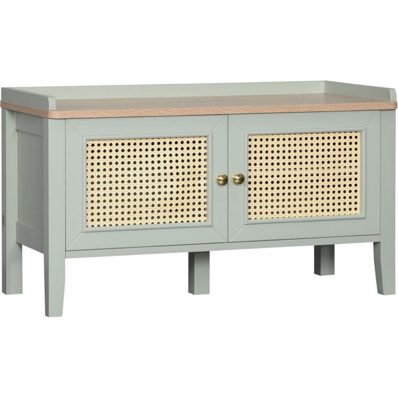 Homcom - Meuble chaussures banc à chaussures 2 en 1 style bohème chic 2 portes étagère réglable - mdf vert d'eau aspect chêne clair rotin
