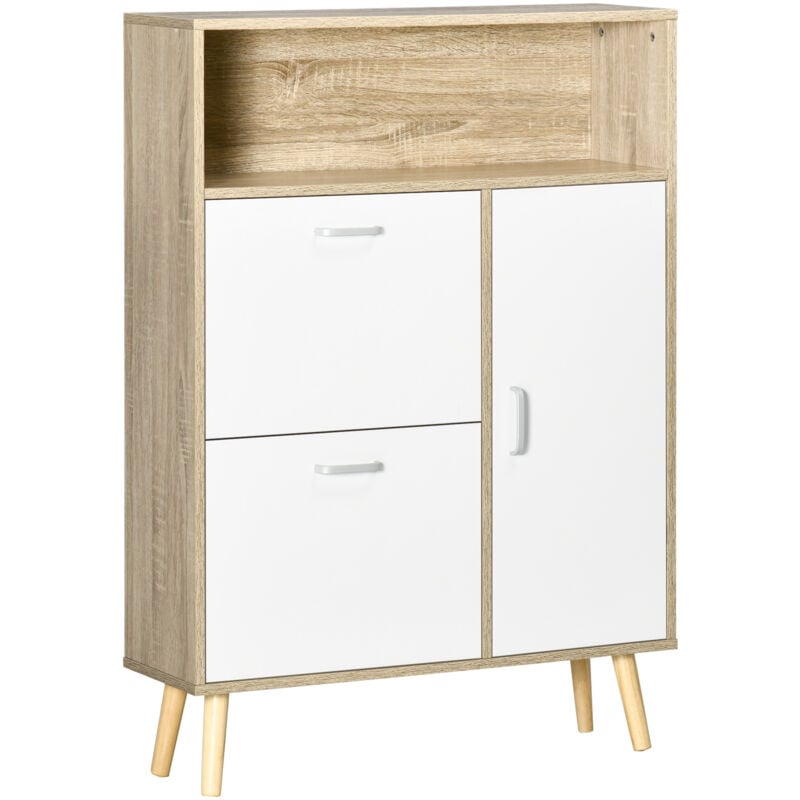 Homcom - Meuble à chaussures design scandinave placard 3 portes 3 étagères niche piètement effilé incliné bois panneaux aspect chêne clair