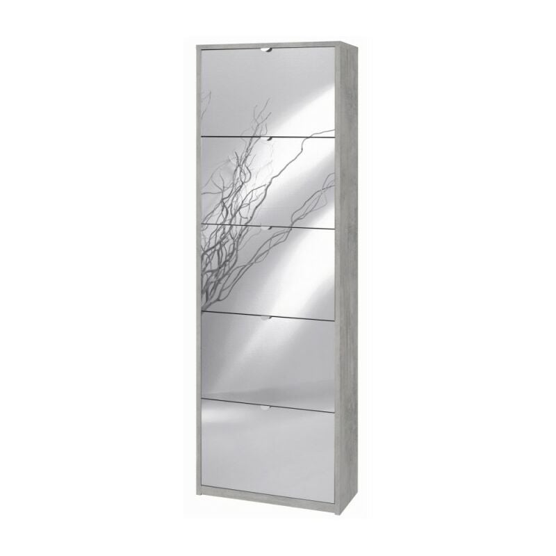Sarmog - tagère à chaussures mince peu encombrante avec cinq portes en miroir Beton Cemento 63x29x h190 cm