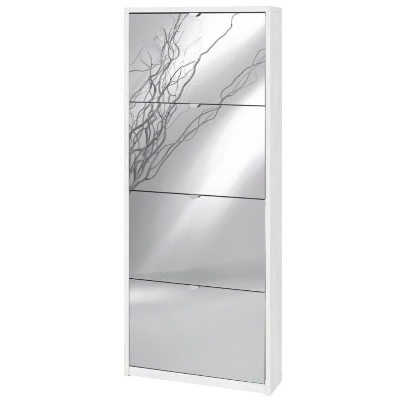 Meuble à chaussures mince peu encombrant avec quatre portes miroir en oxyde blanc 63x18x h154 cm