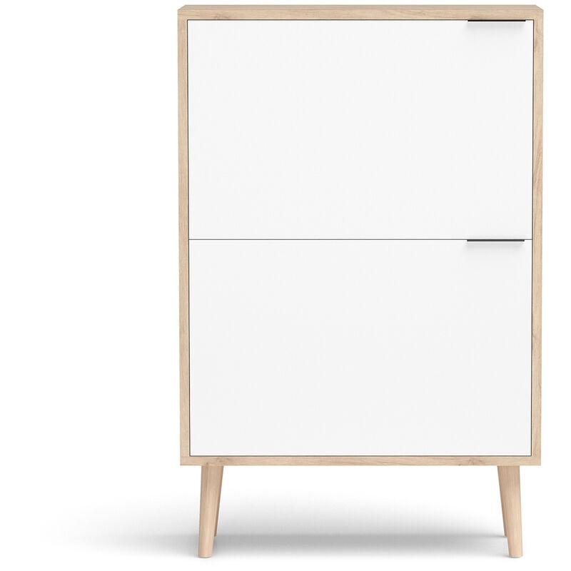 Meuble à chaussures, modèle vicky (527), en mélamine en couleur chêne clair et blanc.