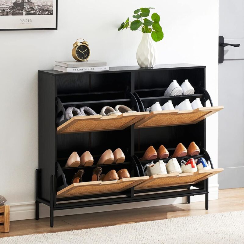 Meuble Chaussures, Rangement Modulable en Bois Et Rotin Naturel, Commode à Chaussures, Meuble d'Entrée Rangement pour Chaussures, 100 x 24 x 88 Cm