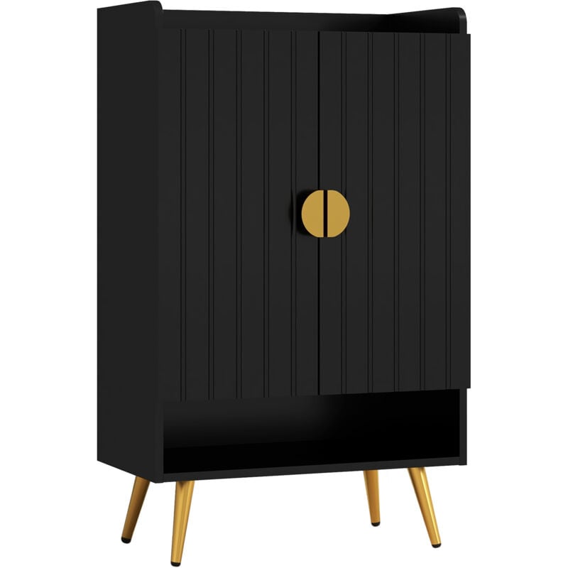 Meuble à chaussures style art déco 2 portes 3 étagères réglables niche acier doré panneaux noir