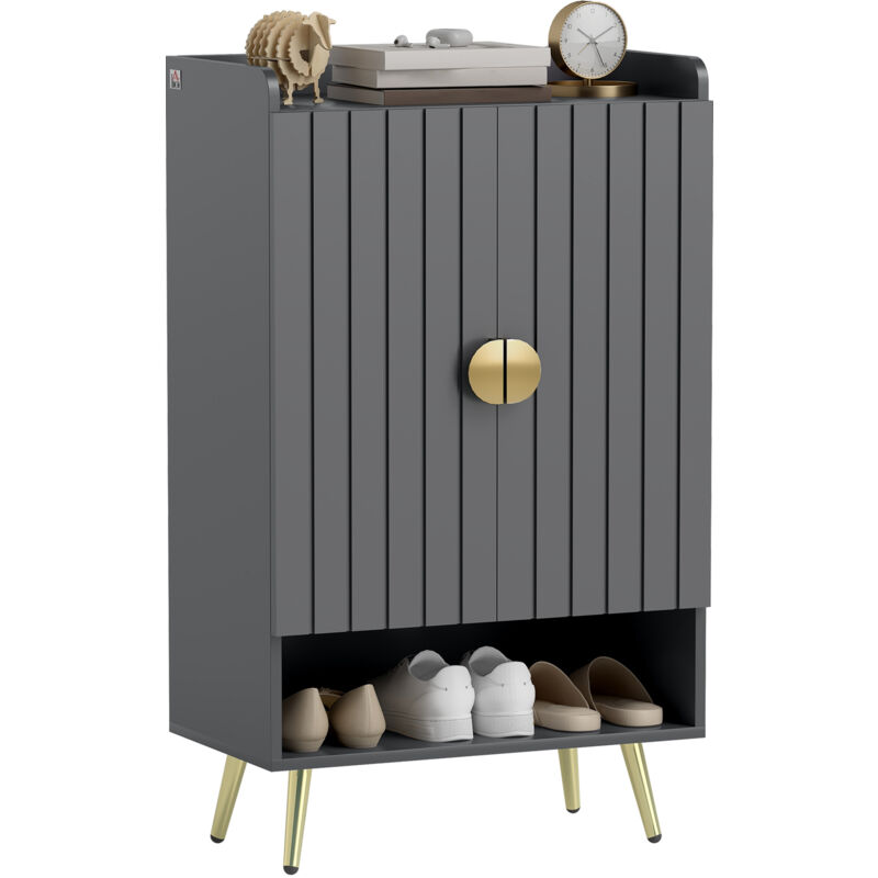Meuble à chaussures style art déco 2 portes 3 étagères réglables niche acier doré panneaux gris