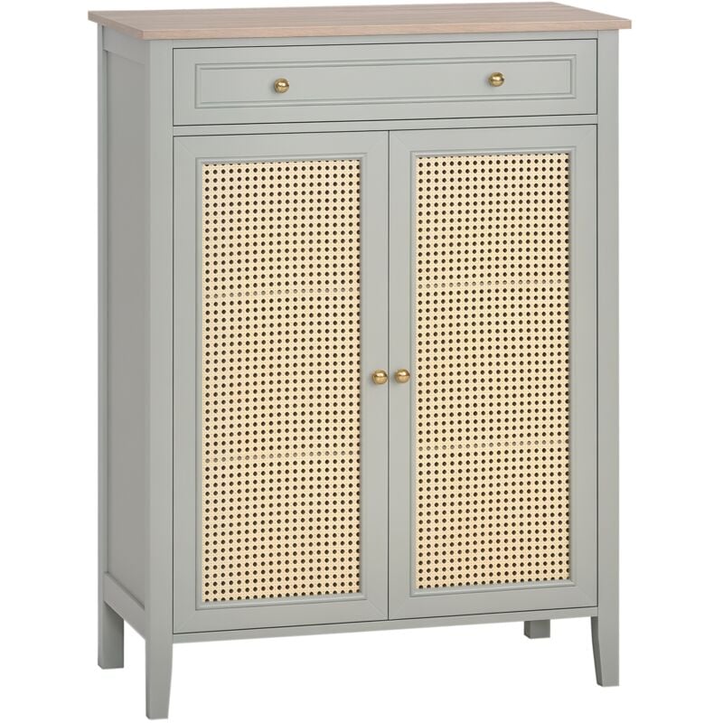 Homcom - Meuble à chaussures style bohème chic - 2 portes 2 étagères réglables tiroir - mdf vert d'eau aspect chêne clair rotin