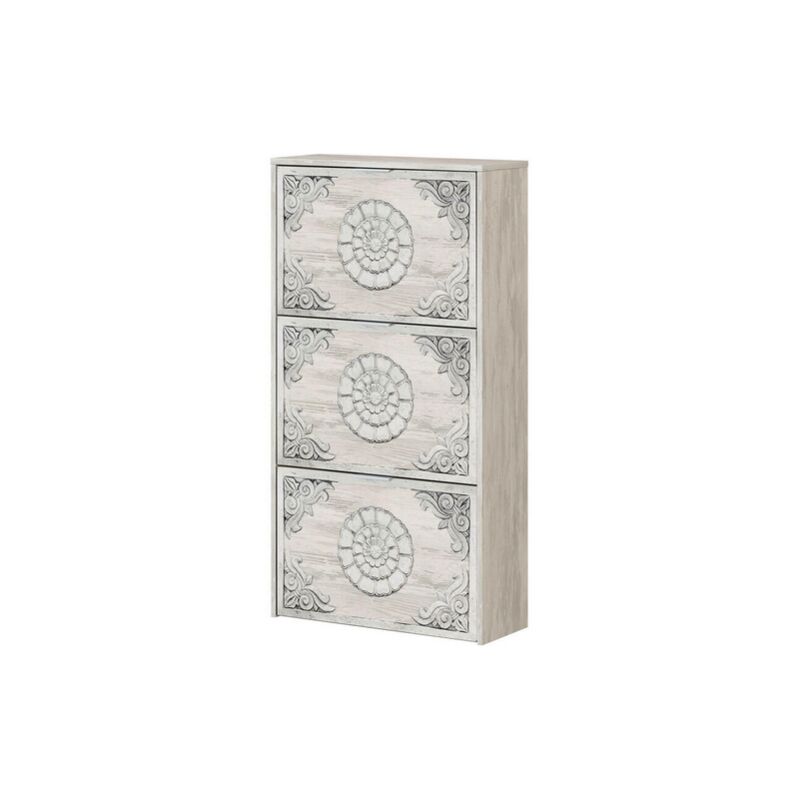 Meuble à chaussures à trois rabats, blanc avec motifs graphiques, capacité 18 paires de chaussures, 60 x 113 x 22 cm