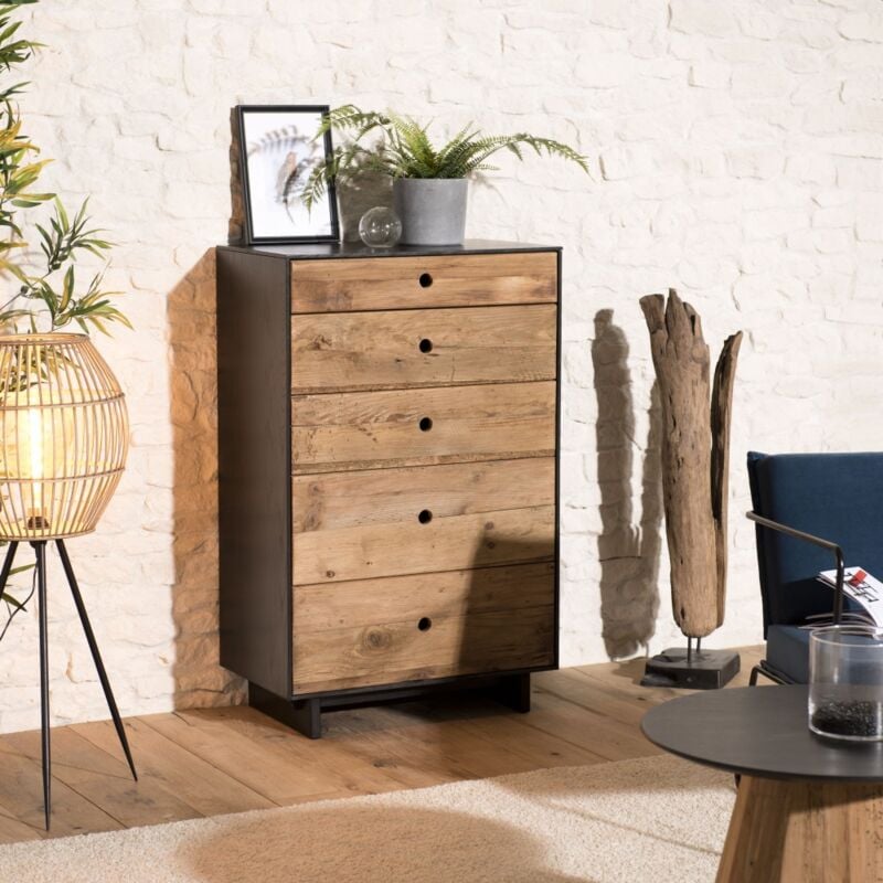Andrea - Meuble chiffonnier 5 tiroirs bois Pin recyclé naturel et noir