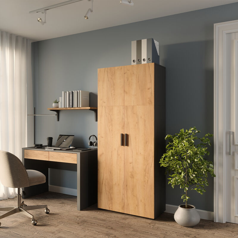 Vicco – Étagère à dossiers 80x183,8cm – Chêne anthracite et doré – Panneau de particules 16mm – Revêtement mélaminé facile d'entretien