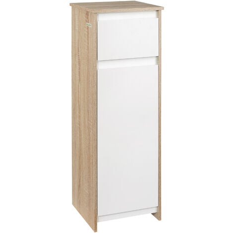 Meuble colonne bas salle de bain style cosy dim. 32L x 30l x 90H cm porte étagère tiroir MDF blanc aspect chêne clair - Beige