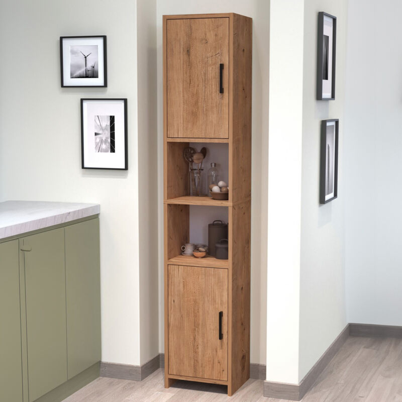 [En.Casa] – Meuble colonne de cuisine 180 x 35 x 30 cm – Effet chêne – 2 portes et 2 compartiments ouverts – Montage facile et stable