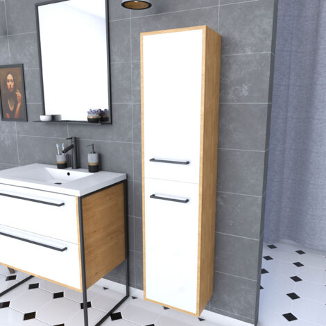 Aurlane – Colonne de douche suspendue 30x35x150 cm – 2 portes MDF blanc mat – Caisson chêne brun – Épaisseur 18 mm – Rangement optimisé