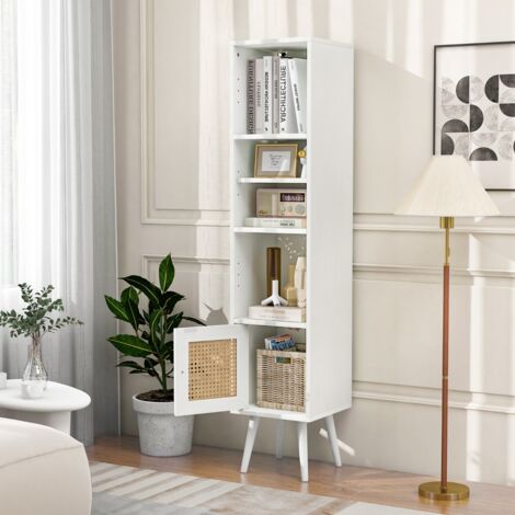 Meuble Colonne de Rangement avec Porte Rotin et Pieds en Bois Massif Meuble de Salle de Bain Étagère Réglable 29,5x29,5x137cm Blanc