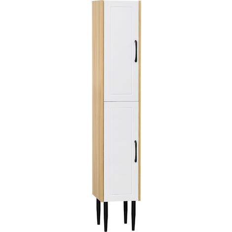 Meuble colonne de salle de bain 2 portes 2 étagères aspect bois clair blanc - Blanc
