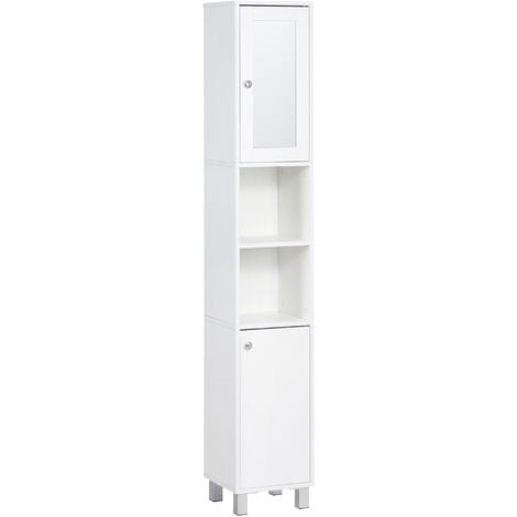 Meuble colonne de salle de bain 2 portes 2 étagères réglables 2 niches miroir piètement poignées métal panneaux blanc
