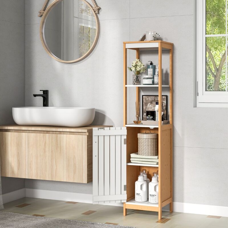 Meuble Colonne de Salle de Bain Armoire Haute de Rangement en Bambou avec Porte à Lattes Étagère Réglable 30 x 30 x 129 cm Naturel + Blanc