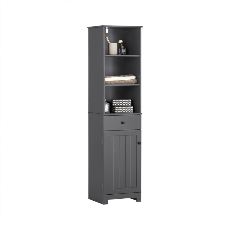 Sobuy - Meuble Colonne Salle de Bain avec, 3 Compartiments Ouverts + 1 Tiroir, Design Fonctionnel, Gris Foncé, 40×35×161 cm, mdf Laqué BZR17-DG