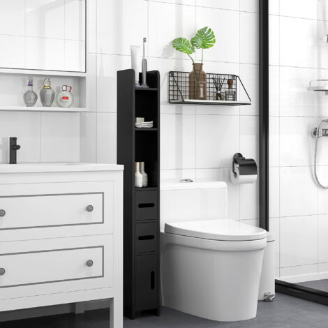 Meuble colonne de salle de bain armoire toilette haute avec étagères et placards - 15 x 17 x 120 cm noir