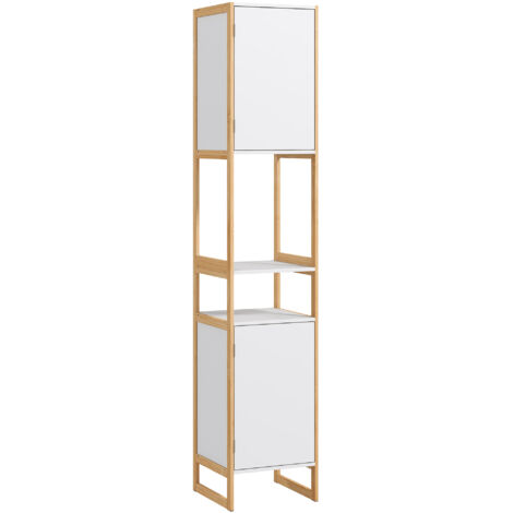 Meuble colonne de salle de bain avec 2 niches et 2 placards étagère réglable, bambou et MDF 33L x 33l x 170H cm blanc