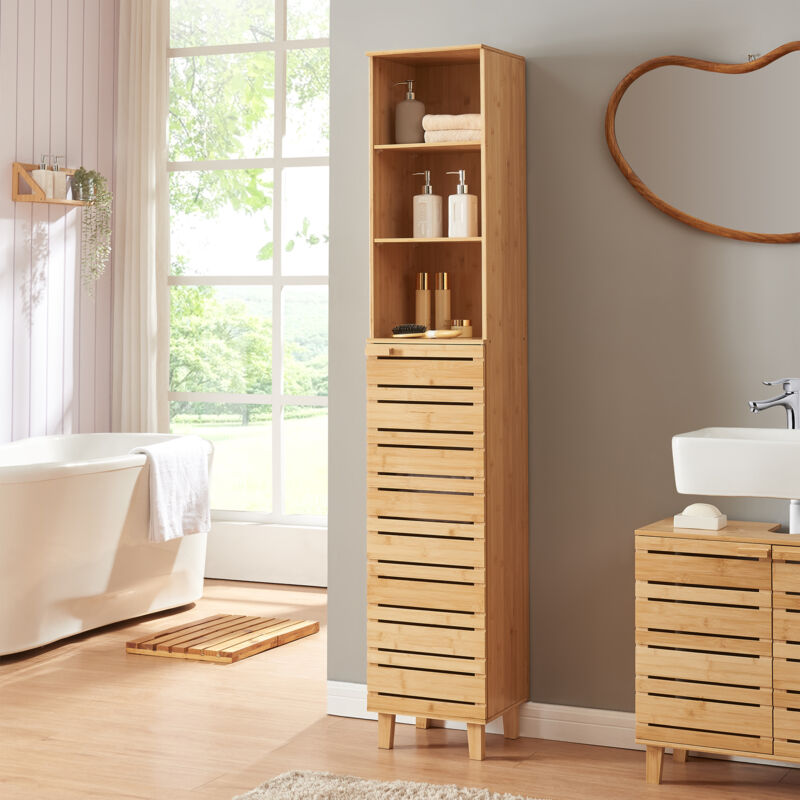 [En.Casa] – Colonne de salle de bain en bambou 180 x 33 x 30 cm – 1 porte à fermeture magnétique – 3 compartiments ouverts – Design naturel