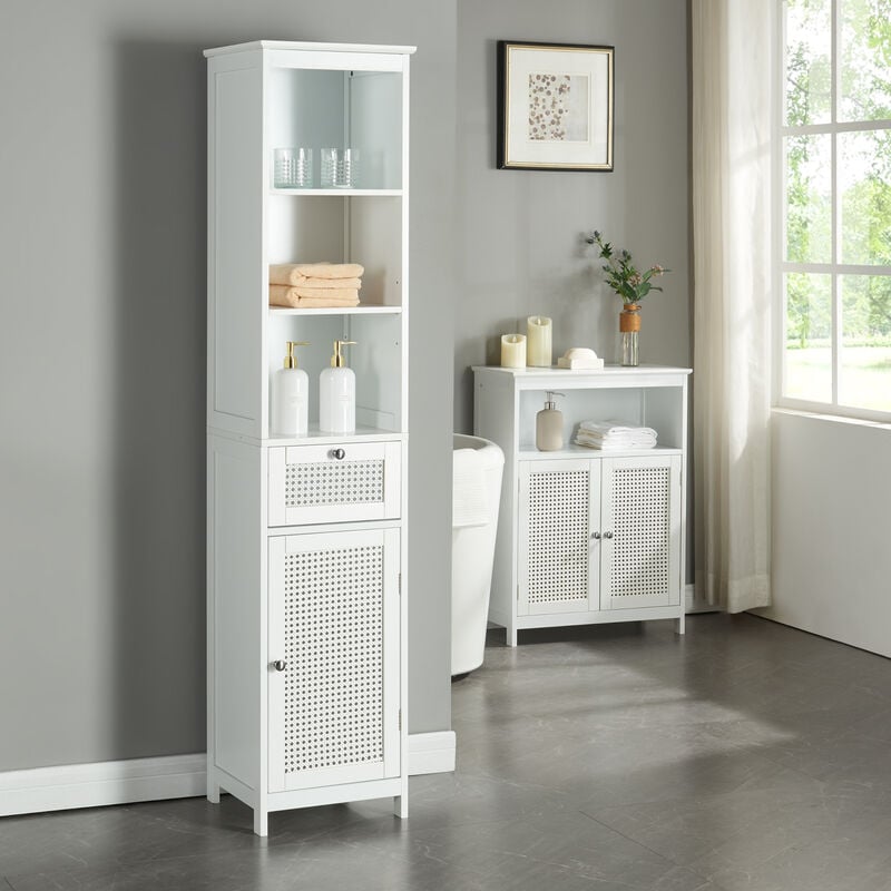 Meuble colonne de salle de bain Karlsøy mdf pvc effet rotin 161 x 35 x 32 cm blanc [en.casa]