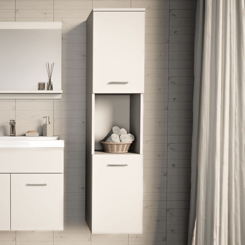 Meuble colonne de salle de bain suspendu Krildihana 131 x 30 x 30 cm blanc argent [en.casa]