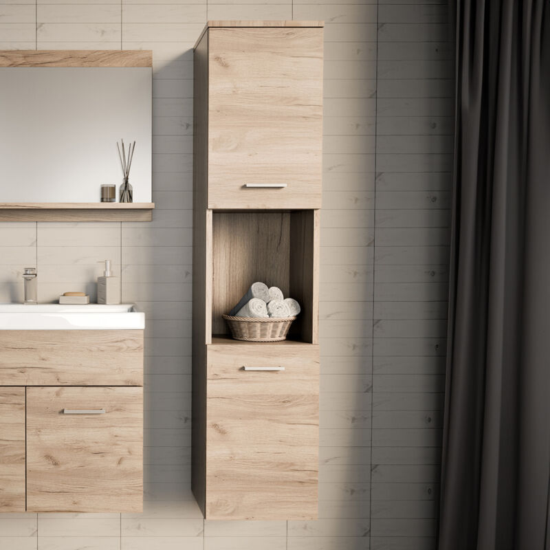 Meuble colonne de salle de bain suspendu Krildihana 131 x 30 x 30 cm effet chêne argent [en.casa]
