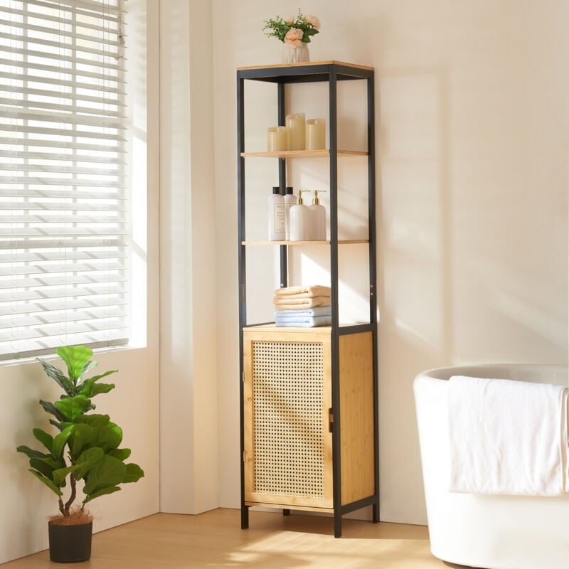 Meuble colonne de salle de bain Tervola mdf bambou rotin 172 x 40 x 35 cm noir naturel [en.casa]