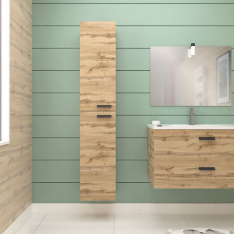 Aurlane – Colonne de salle de bain en mélaminé décor bois 30x25x150cm – 2 portes à fermeture progressive – 2 étagères de rangement – Installation réversible