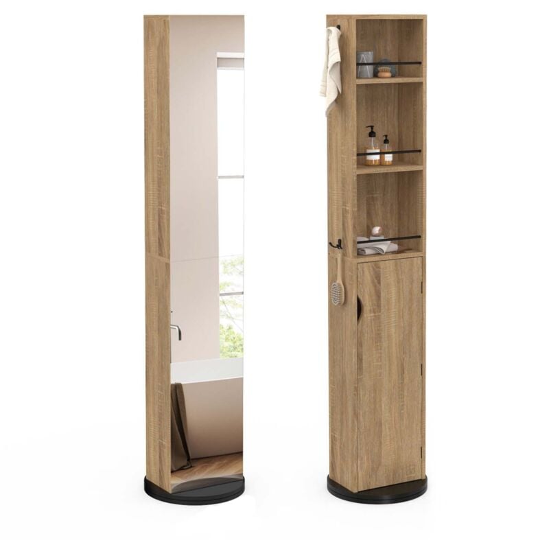 Meuble colonne pivotante de salle de bain avec miroir, placard et étagères hêtre et noir elia