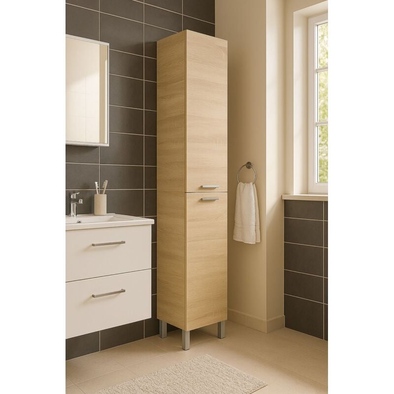 Colonne de salle de bains Hollywood, Meuble colonne pour salle de bain avec 2 portes, Armoire murale suspendue avec 2 étagères, cm 30x25h182, Chêne
